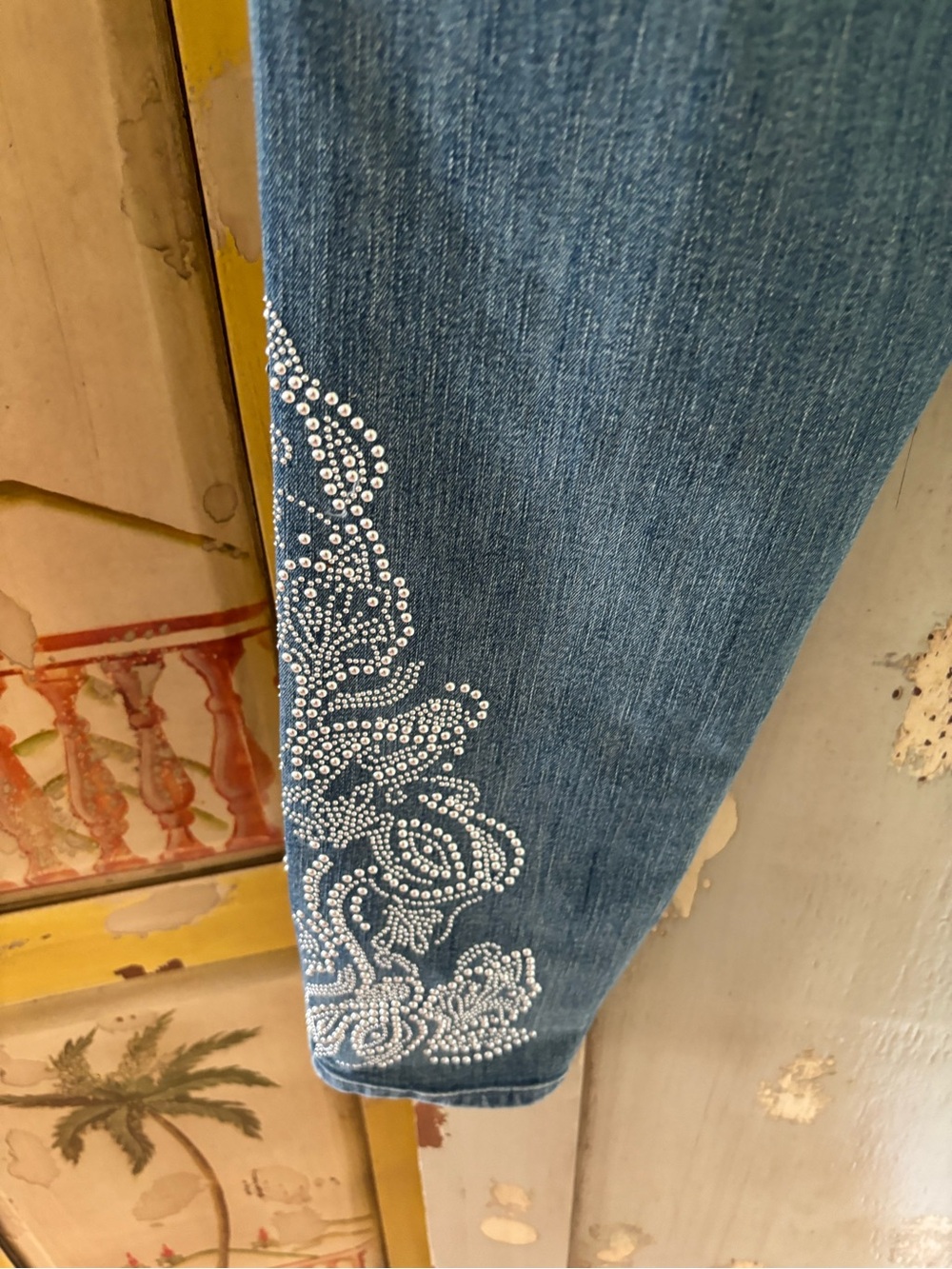 Soft Surroundings Indigo Ankle Jeans with White Embroidered Cuffs - Picture 9 of 10